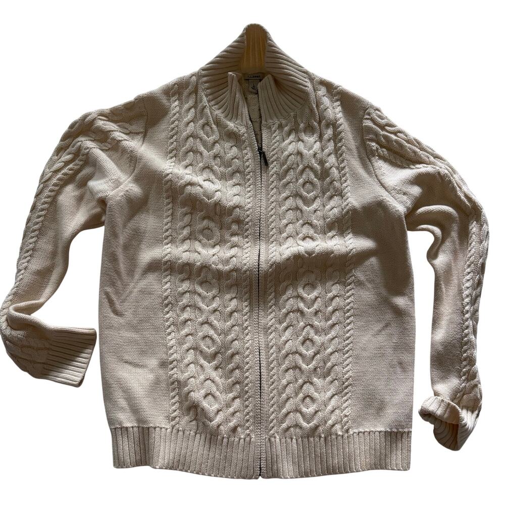 L.L. Bean Vintage Fisherman Zip Up Cardigan Ivory Cable Knit Sweater Men Large